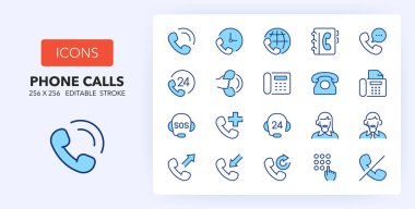 Line icons about phone and calls. Contains such icons as call center, emergency, 24h service and more. 256x256 Pixel Perfect editable in two colors clipart