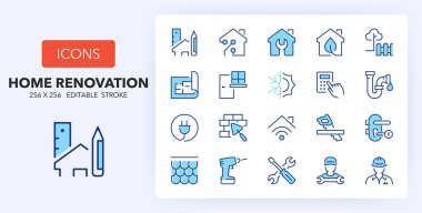Ev yapımı ve yenilenmesi ile ilgili çizgi simgeleri. Tasarım, onarım, duvarcılık ve daha fazlası gibi ikonlar içeriyor. 256x256 Piksel İki renkte mükemmel düzenlenebilir