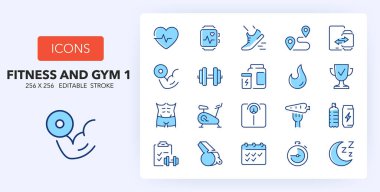 Line icons about fitness and gym. Contains such icons as training, personal trainer, workout and more. 256x256 Pixel Perfect editable in two colors. Set 1 of 2 clipart