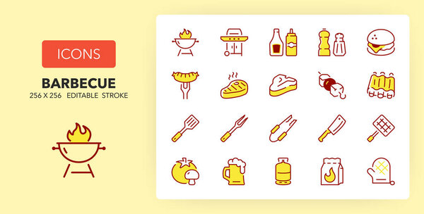 Line icons about barbecue and grill. Contains such icons as grilled, bbq, meats and more. 256x256 Pixel Perfect editable in two colors