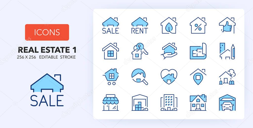 Line icons about real estate. Contains such icons as sale, location, industrial warehouse and more. 256x256 Pixel Perfect editable in two colors. Set 1 of 2