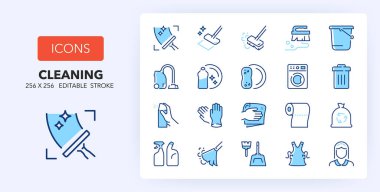 Temizlik hakkında satır simgeleri. Bulaşık, çamaşır, çöp gibi ikonlar içeriyor. 256x256 Piksel İki renkte mükemmel düzenlenebilir