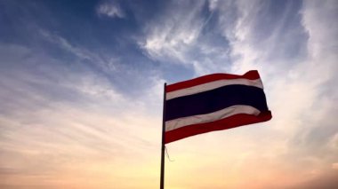 Tayland 'ın ulusal bayrağı rüzgarda dalgalanıyor, dramatik bir arka plan. 4K