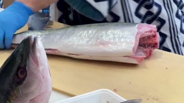 4K Şef ustalıkla Hamachi filetosu yapıyor. Balık kafası önünde görünüyor. Müşterilere servis yapmak için balığı kesme tahtasıyla kesiyor..