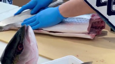 4K Şef ustalıkla Hamachi filetosu yapıyor. Balık kafası önünde görünüyor. Müşterilere servis yapmak için balığı kesme tahtasıyla kesiyor..