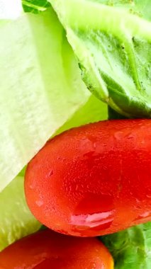 İnce dilimlenmiş havuç, kiraz domatesleri, dilimlenmiş kırmızı domates, yeşil (muhtemelen romaine marulu) ve dilimlenmiş sarı dolma biberli parlak ve taze bir salata. Dokuları çok farklı..