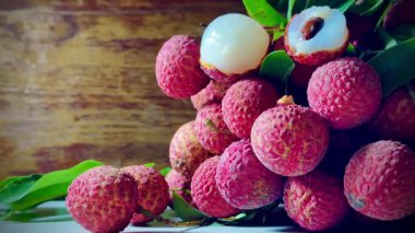 Ağaçtan sarkan bir avuç olgun liçi. Lychees 'ler sert, pullu derilerle parlak kırmızı renktedir. Bu da olgun ve hasat için hazır olduklarını gösterir. Lychees bir yiyecek ve meyvedir..