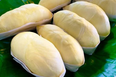 Yeşil bir muz yaprağına düzgünce yerleştirilmiş taze olgun durian parçaları var. Durian 'ın her parçası beyaz balmumu kağıdıyla dikkatlice altına sarılmış. En iyi Tayland meyvesi..