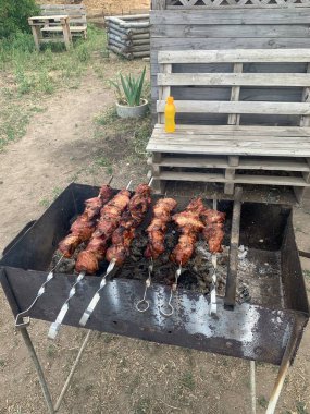 Yazın ızgarada ızgara. Kırsal kesimde dinlenmek için atmosfer. Çevre. Arkaplan ve Duvar Kağıdı.