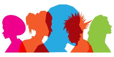 Renkli siluet insanları, çoklu pozlama, çeşitlilik ve takım çalışması kavramı