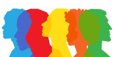 Renkli siluet insanları, çoklu pozlama, çeşitlilik ve takım çalışması kavramı