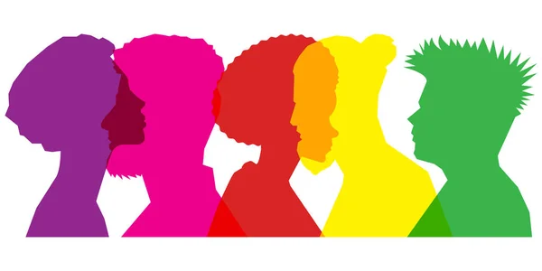 Gekleurde Silhouetmensen Meerdere Belichtingen Begrip Diversiteit Teamwork — Stockvector