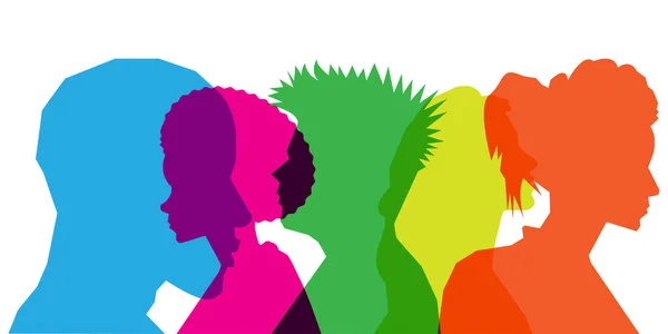 Personas Silueta Colores Exposición Múltiple Concepto Diversidad Trabajo Equipo — Vector de stock