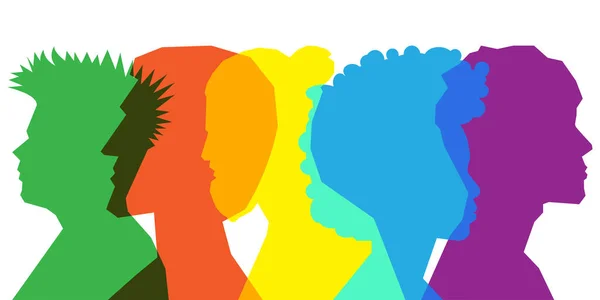 Gekleurde Silhouetmensen Meerdere Belichtingen Begrip Diversiteit Teamwork — Stockvector