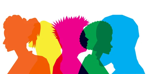 色のシルエットの人々 複数の露出 多様性とチームワークの概念 — ストックベクタ