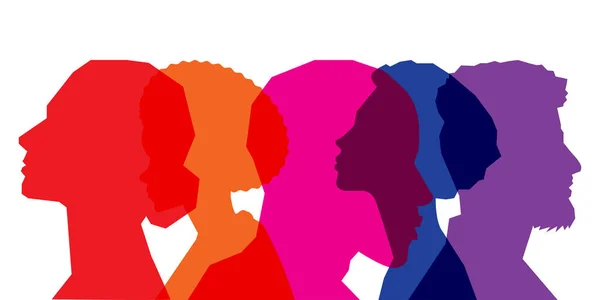 Цветные Люди Силуэта Многократная Экспозиция Концепция Разнообразия Командной Работы — стоковый вектор