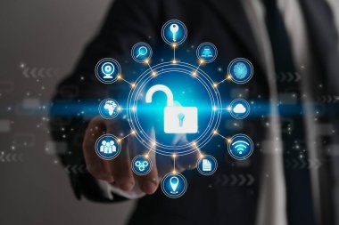 Businessman Hand and Finger Touching Screen and Blue Unlock Security Sign. Security Technology System or Firewall and Protection Concept