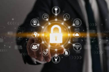 Businessman Hand and Finger Touching Screen and Lock Security Sign. Security Technology System or Firewall and Protection Concept