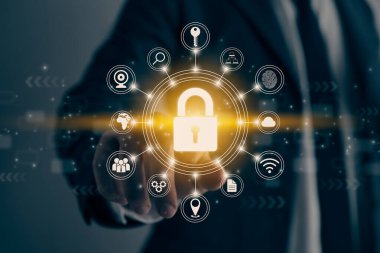 Businessman Hand and Finger Touching Screen and Lock Security Sign. Security Technology System or Firewall and Protection Concept in Vintage Tone