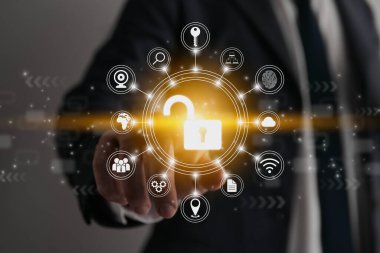 Businessman Hand and Finger Touching Screen and Unlock Security Sign. Security Technology System or Firewall and Protection Concept