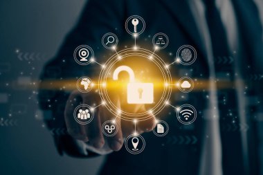 Businessman Hand and Finger Touching Screen and Unlock Security Sign. Security Technology System or Firewall and Protection Concept in Vintage Tone