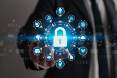 Businessman Hand and Finger Touching Screen and Blue Lock Security Sign. Security Technology System or Firewall and Protection Concept