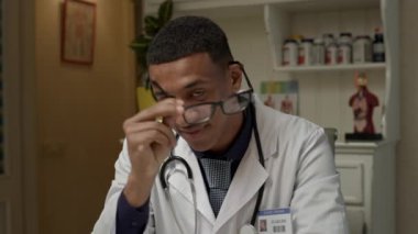 Kameraya gülümseyen bir pratisyen. Güzel Afrikalı Amerikalı doktor gözlüğünü çıkarıyor. 4K