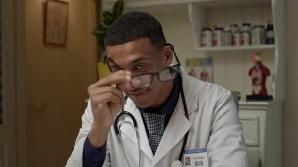 Practitioner Smiling Camera Pretty African American Doctor Takes Eyeglasses — Stock Video
