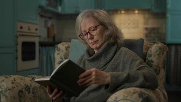 Yeni Kağıt Okuyan Yaşlı Bir Kadın Kıdemli Bayan Evdeki Koltukta — Stok video