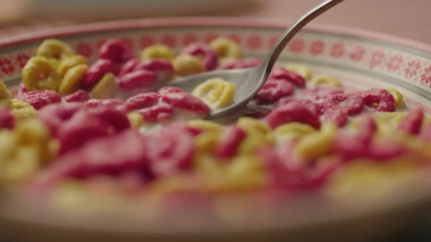 Blanding Cornflakes Med Mælk Spoon Blande Farve Cornflakes Ringe Nærbillede – Stock-video