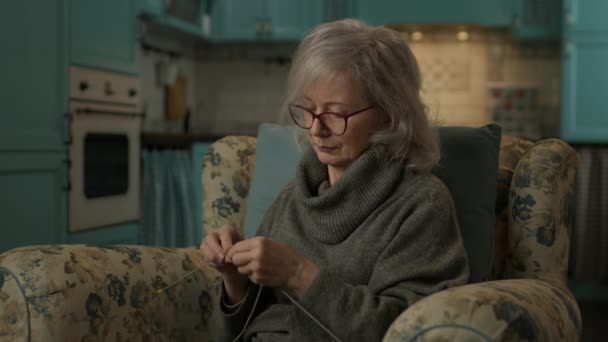 老年妇女在家编织 成熟的女士喜欢坐在舒适的扶手椅上织毛衣 — 图库视频影像