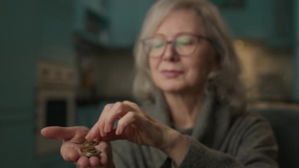 Ηλικιωμένη Γυναίκα Που Μετράει Λεφτά Ανώτερη Γυναίκα Που Κρατάει Κέρματα — Αρχείο Βίντεο