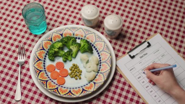 Ernährungsplan Mit Gesunder Ernährung Auf Dem Teller Handgeschriebener Diätplan Draufsicht — Stockvideo