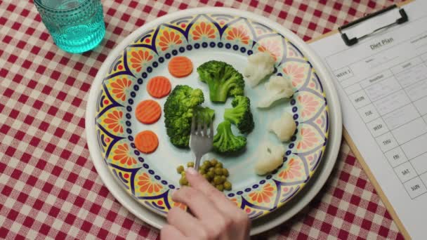 Brokuły Zdrową Żywnością Według Planu Diety Ręczny Widelec Brokułami Nad — Wideo stockowe