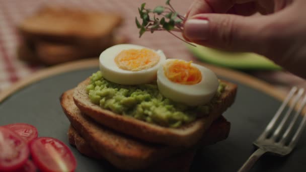 Cozinhar Torrada Abacate Com Ovo Mão Preparando Refeição Saudável Fecha — Vídeo de Stock