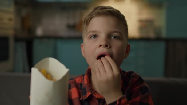 Niño Comiendo Papas Fritas Mirando Cámara Chico Viendo Comiendo Comida — Vídeo de stock