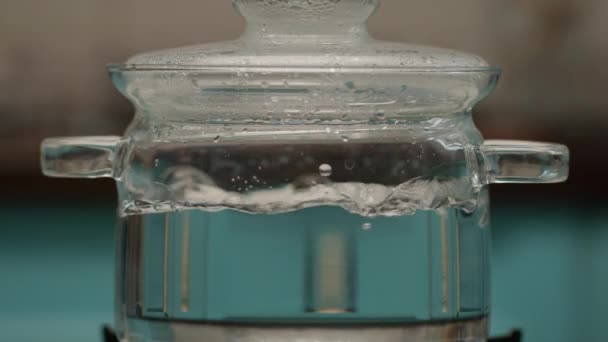 Wasser Kocht Aus Nächster Nähe Große Wasserblasen Transparentem Topf Zeitlupe — Stockvideo