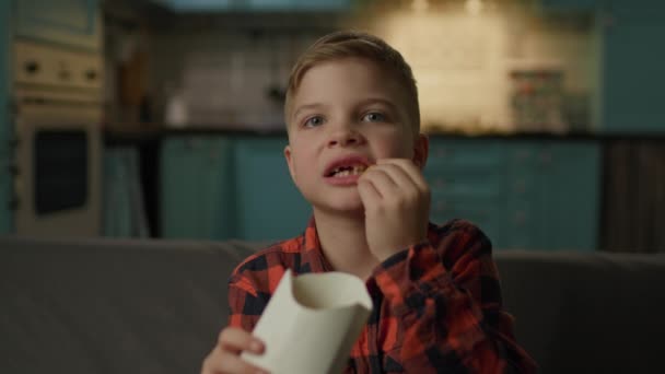 小孩吃法式薯条看着相机 男孩坐在家里的沙发上看电视吃快餐 Pov — 图库视频影像