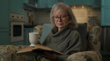 Kitap okuyan yaşlı bir kadın. Olgun bir bayan, evdeki rahat koltukta oturup kitap okumayı sever. 4K