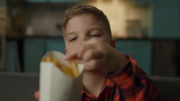 Junge Isst Pommes Und Schaut Die Kamera Kind Sitzt Auf — Stockvideo