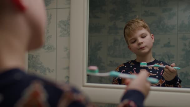 Kid Brushing Teeth Bathroom Blonde Boy Doing Bath Routine Standing — Stock Video