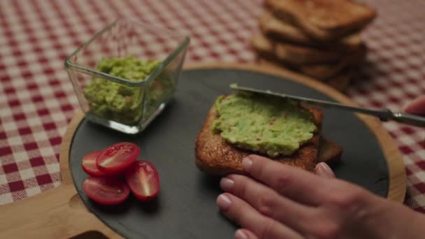 Avocado Egg Toast Hand Cooking Healthy Meal Guacamole Bread — Vídeos de Stock
