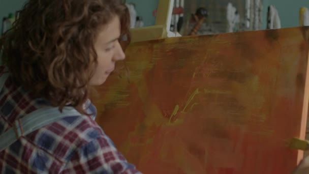 Artist Creating Masterpiece Close Woman Painting Canvas Using Yellow Orange — Stok video