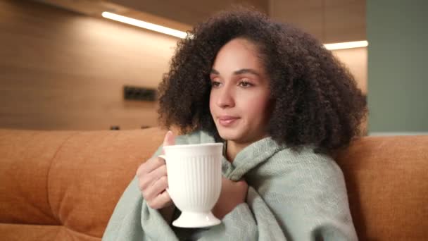 Evde Çay Içen Sıcak Bir Kadın Battaniyeye Sarılmış Melez Bir — Stok video