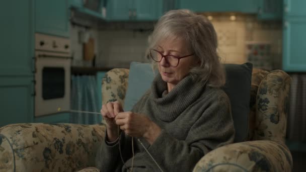 老人ホームで編み物をしている 熟女は居心地の良いアームチェアに座って編み物を楽しんでいます — ストック動画
