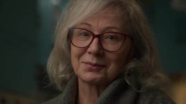 Senior Woman Portrait Mature Woman Eyeglasses Smiling Looking Camera — Stock video