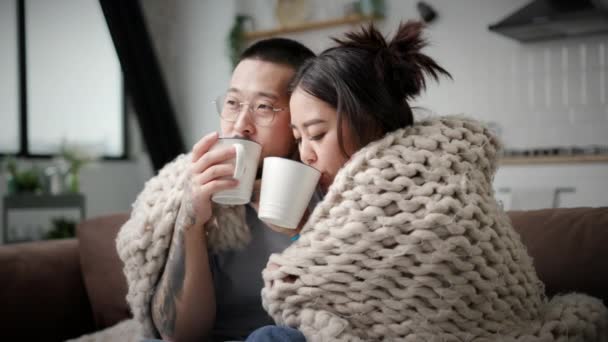 Trzydziestce Para Przeziębiona Domu Żona Mąż Owinięci Kratę Przytulający Się — Wideo stockowe