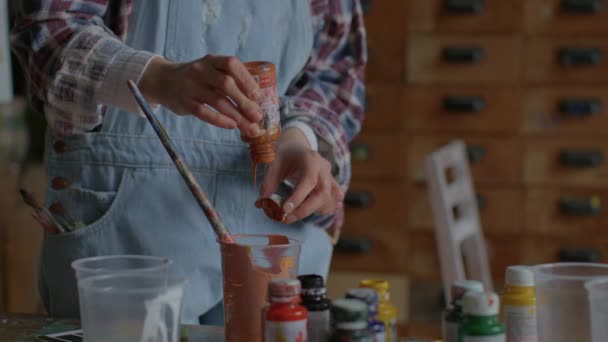 Artist Preparing Colors Painting Female Painter Creating Artworks Workshop — Stockvideo