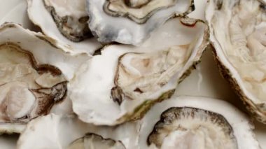 Taze istiridye tabakta dönüyor. Yaklaş, Ağır Çekim. 4K