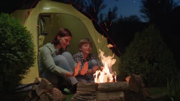 Anne Oğlu Ateşin Yanında Çadırda Oturuyorlar Aile Kampı Akşamları Çocuklarla — Stok video